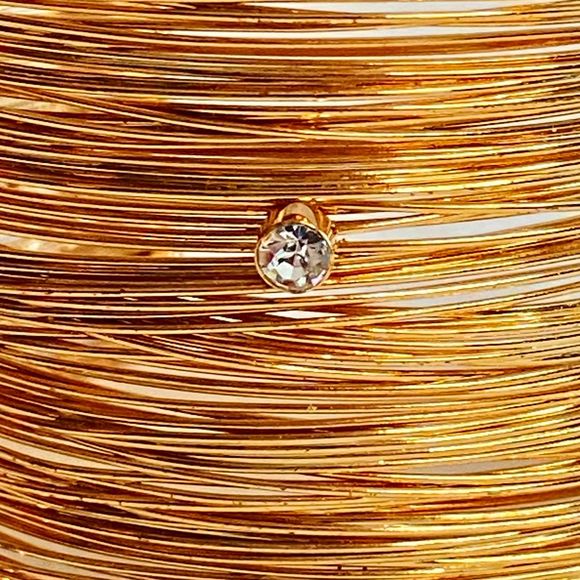 Layered Cuff Bracelet Wide Gold Tone Wire Studdded Rhinestones - Picture 6 of 8